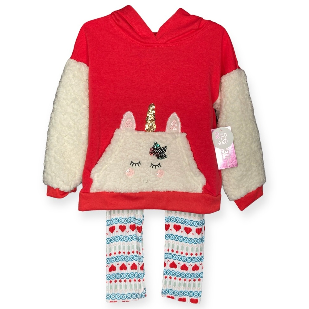 Nannette Kids 4T Unicorn Llama Sherpa Hoodie Outfit Set Xmas Valentines Hearts